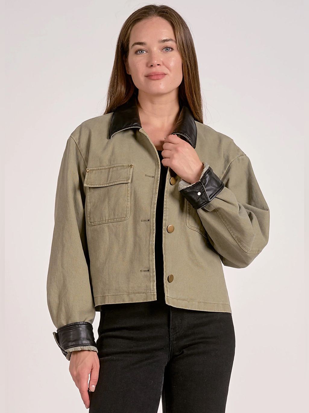 Elan Olive Utility Jacket With Black Faux-Leather Trim